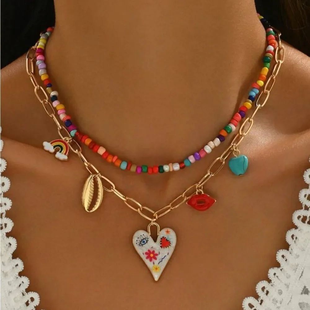 Colorful Beaded Heart Necklace Set #1746